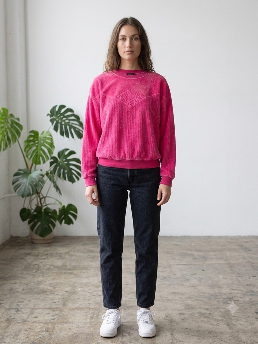 Vintage 80s Epitome Hot Pink Ribbed Velour Embossed Sweatshirt (Size XL)